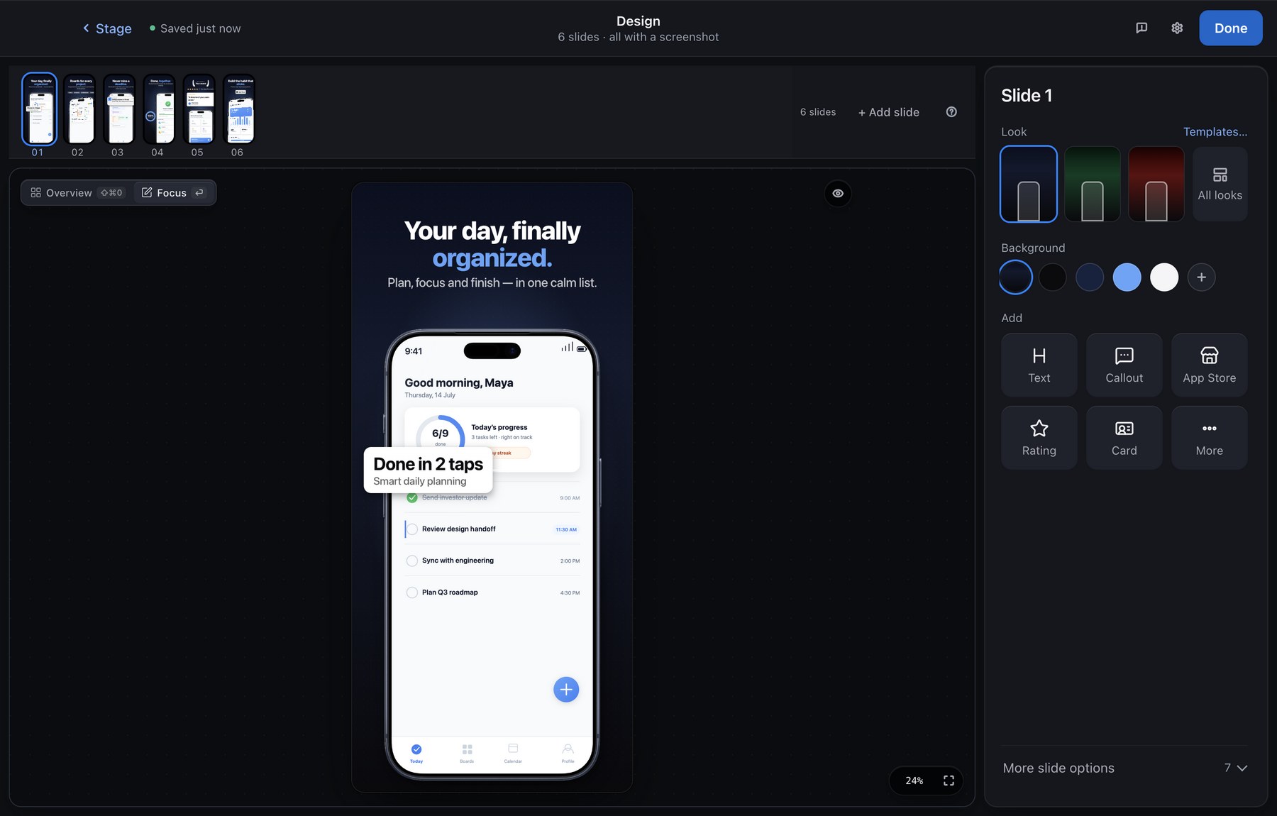 AppShot's Design editor: the slide on the canvas, the filmstrip above, the slide panel on the right
