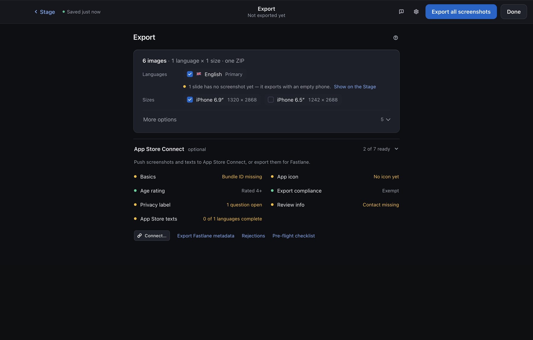 The Export step: images, App Store page and App Store Connect