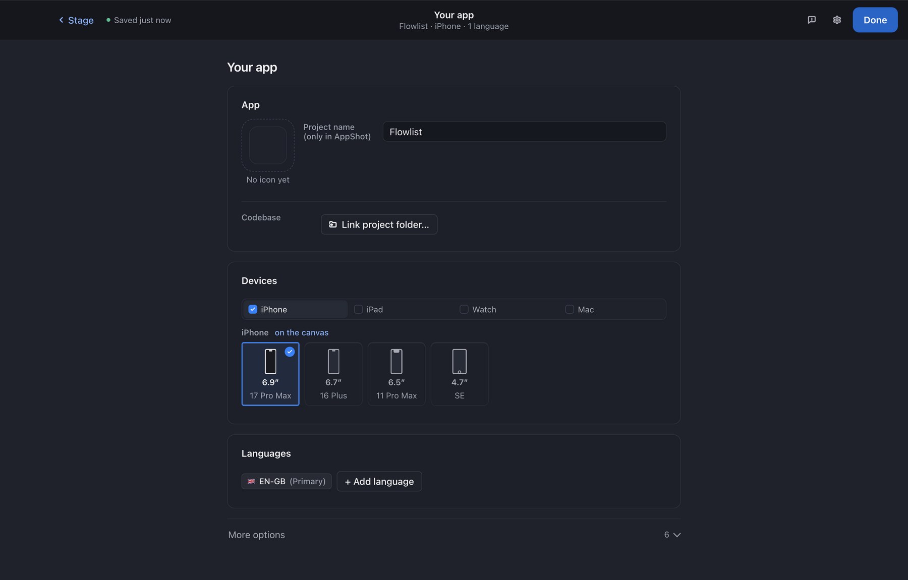 The Your app step: icon, name, devices and languages